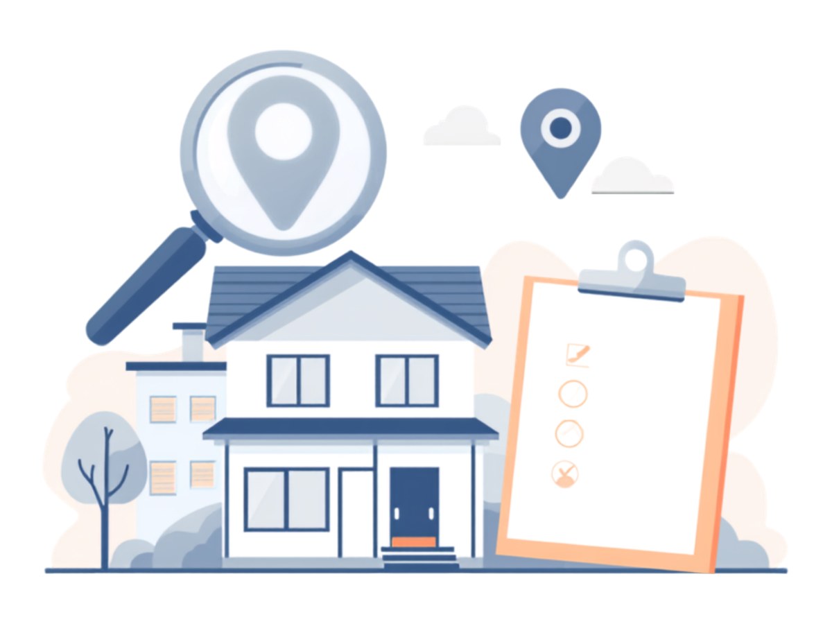虫めがねと地図のピンで住宅を確かめ、チェックリストに記録するイラスト