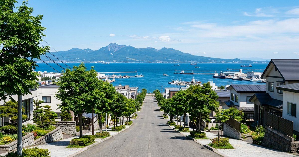坂の上から港と海を見下ろす函館の街並み