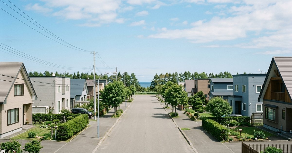 広い道路の両側に一軒家が並ぶ、海に近い石狩の住宅街
