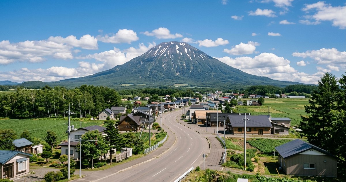 羊蹄山のふもとに広がる倶知安の町並みと畑