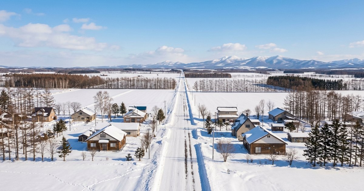 雪に覆われた畑と一軒家が並ぶ、冬の道北の町並み