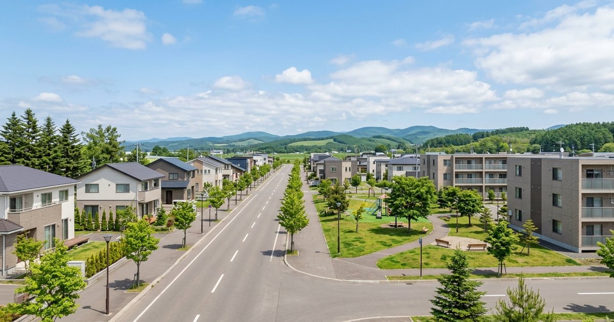新しい一軒家やマンションが並ぶ、札幌近郊の住宅地