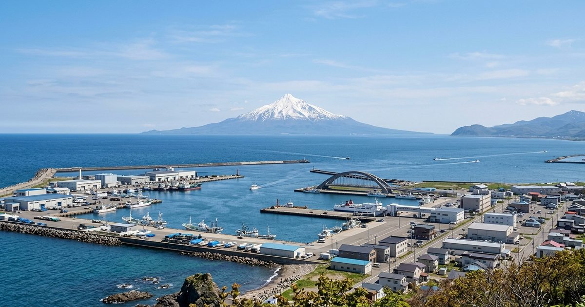稚内の港と海の向こうに見える、雪をかぶった利尻富士