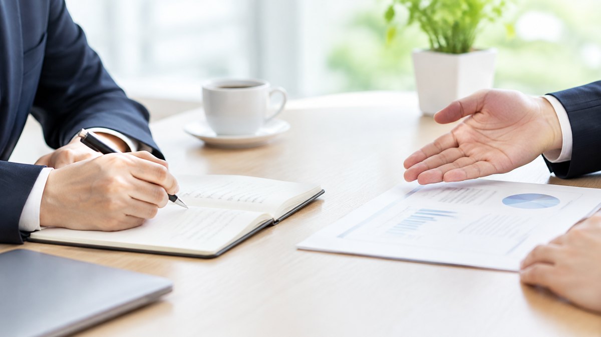 調査会社から調べ方の説明を受け、メモを取る手元