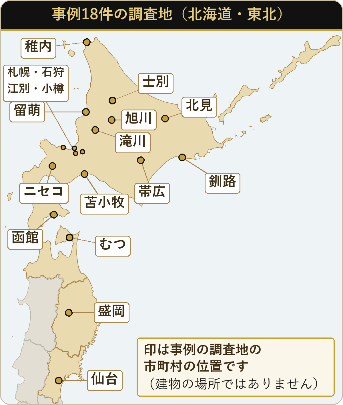 付郵便送達・公示送達の現地調査の事例18件の調査地を示した北海道・東北の地図。印は市町村の位置